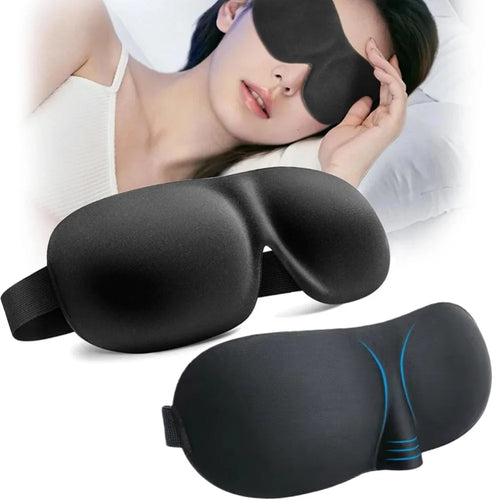 3D contoured sleep eye mask showing hollow eye cups and memory foam lining, 100% light blocking