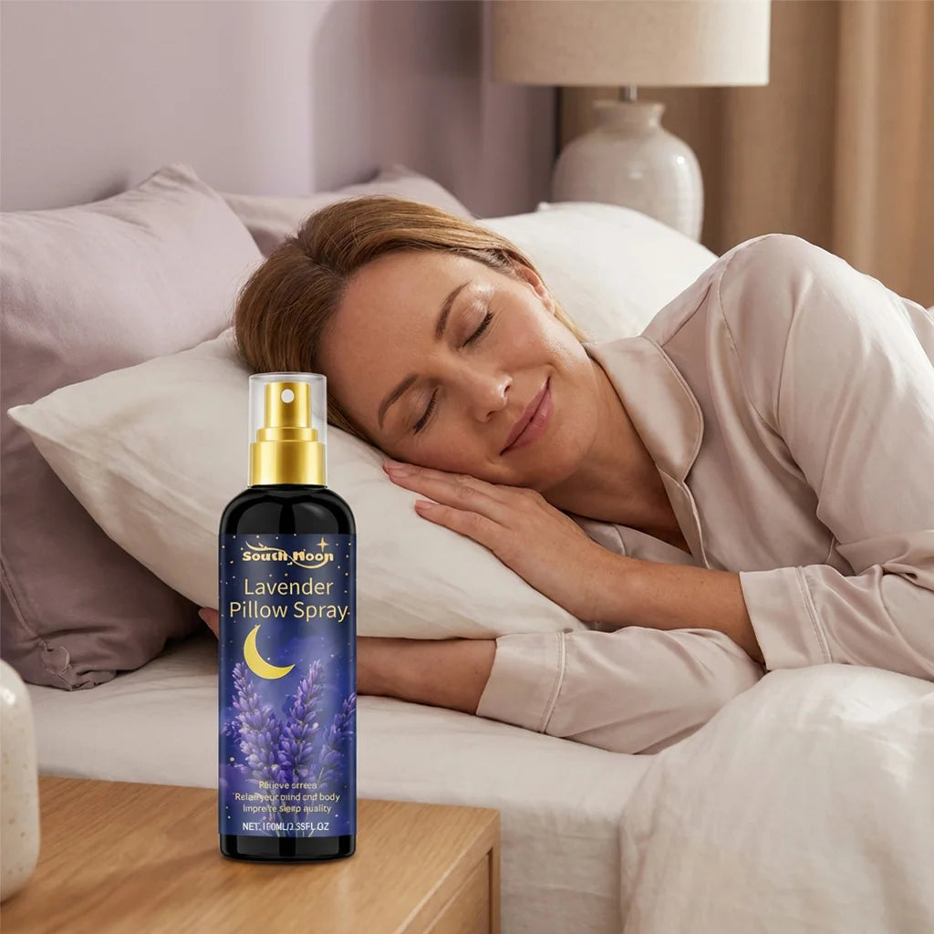 Lavender sleeping spray 100ml bottle on a bedside table, soft purple tones, pillow mist for sleep