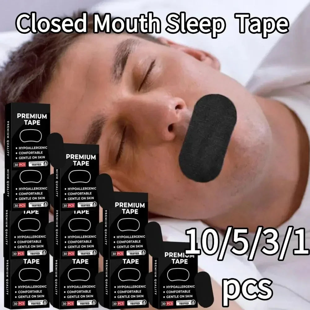 Mouth tape for sleep strips laid out on a clean surface, soft elastic cloth, skin-safe adhesive