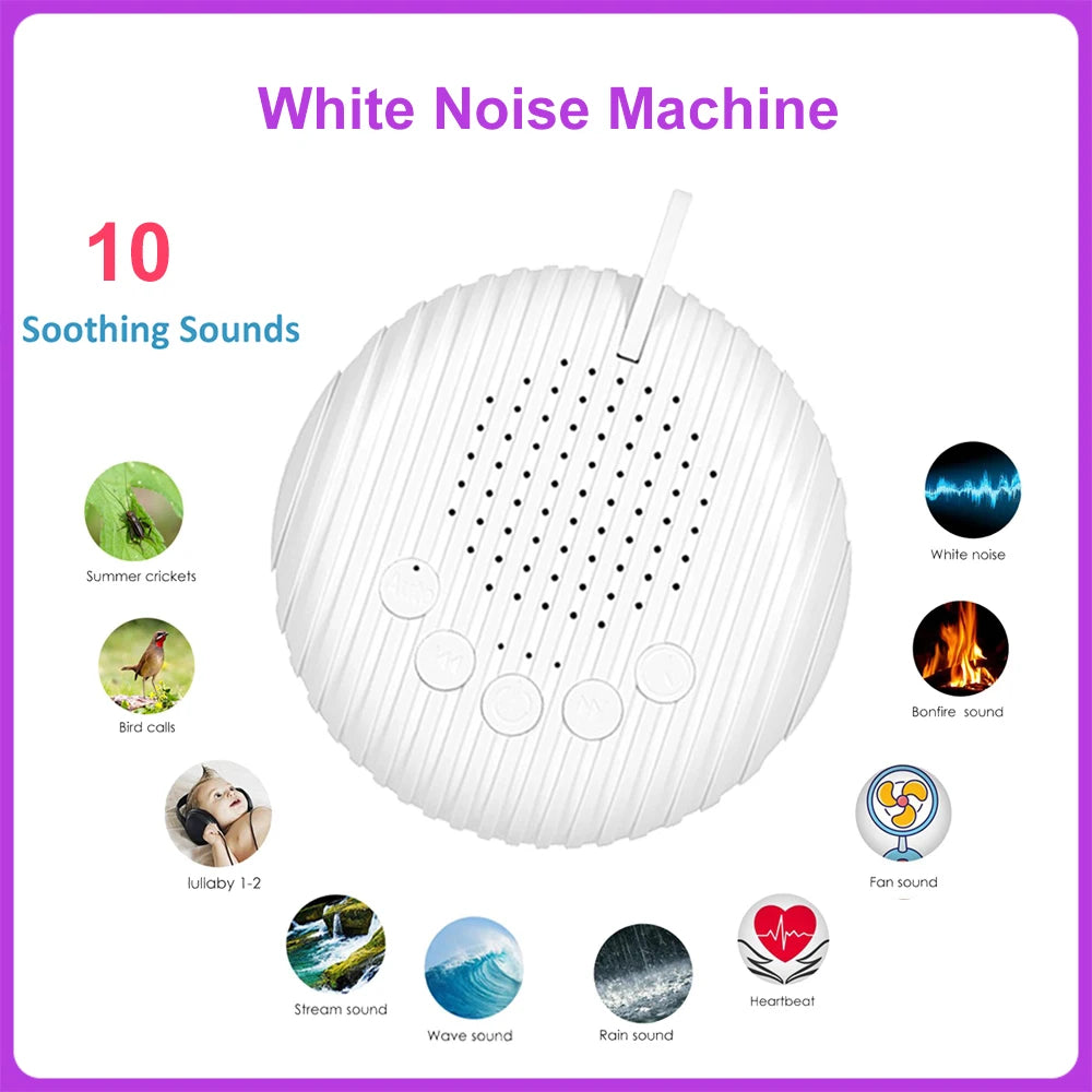Portable white noise sound machine, compact white device with USB cable and lanyard